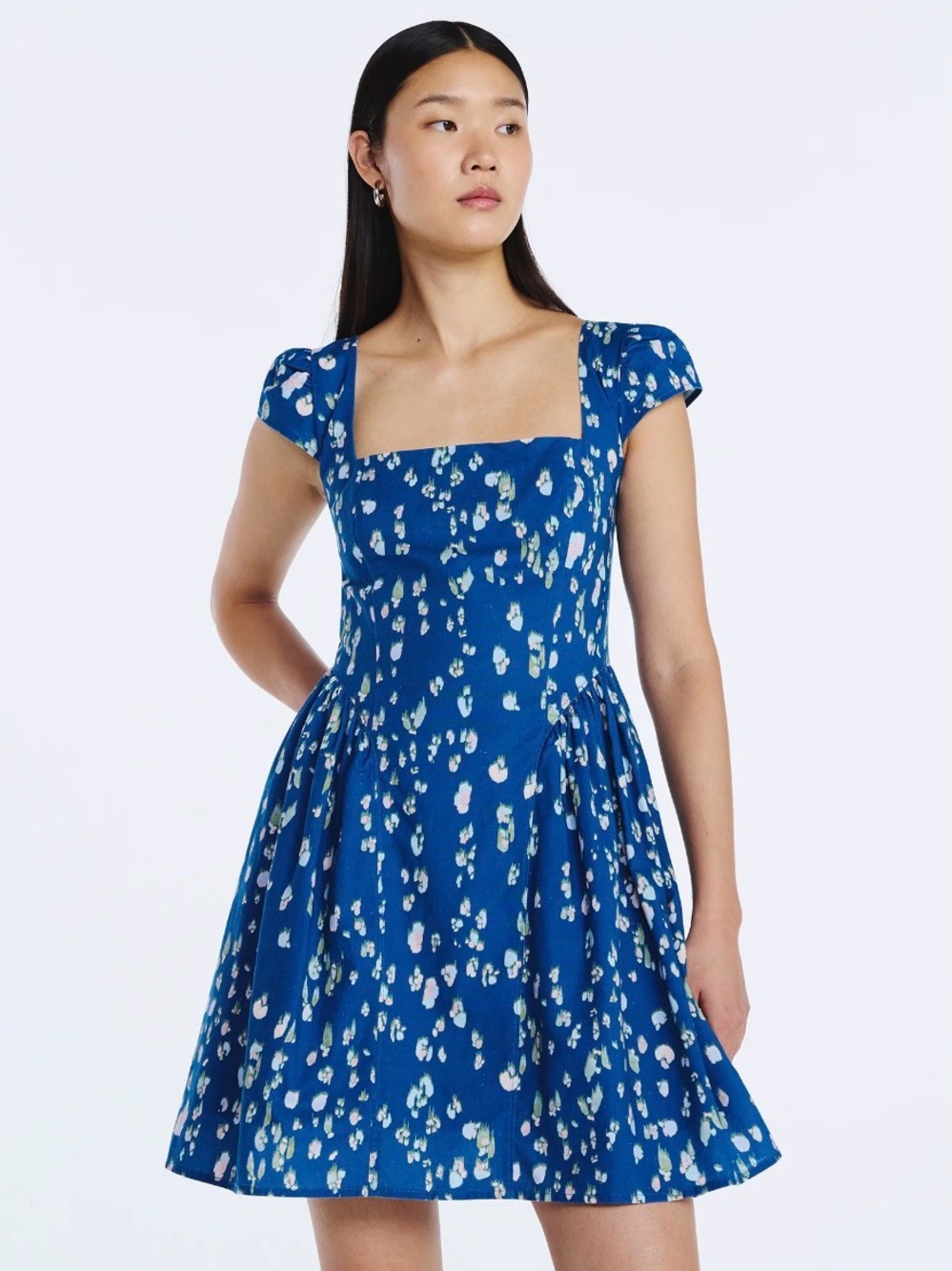 Blue Floral Square-Neck Mini Dress